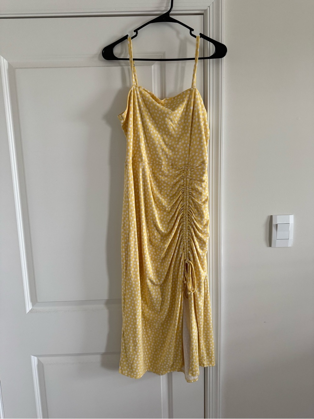 Hollister Yellow Polka Dot Ruched Midi Slip Dress
